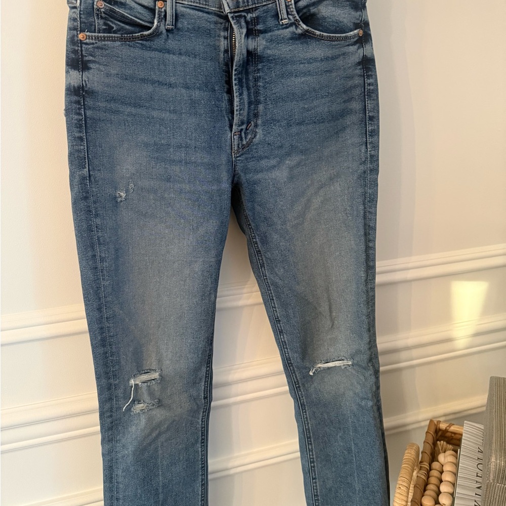 MOTHER Denim Blue Jeans with Leather Patch